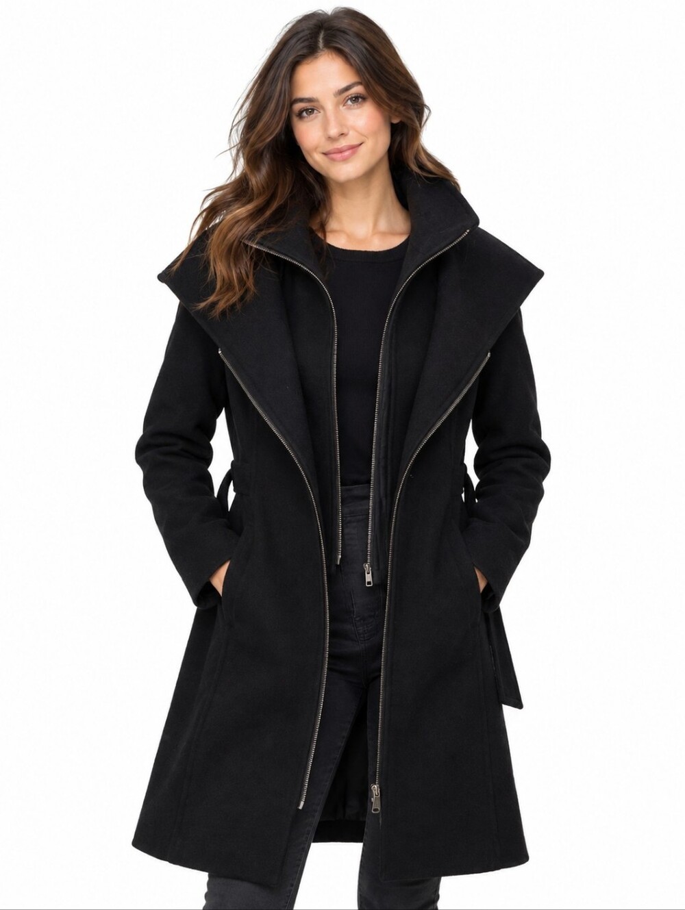 Soia & Kyo Black Wool Blend Asymmetrical Zip Coat XL Made in Canada